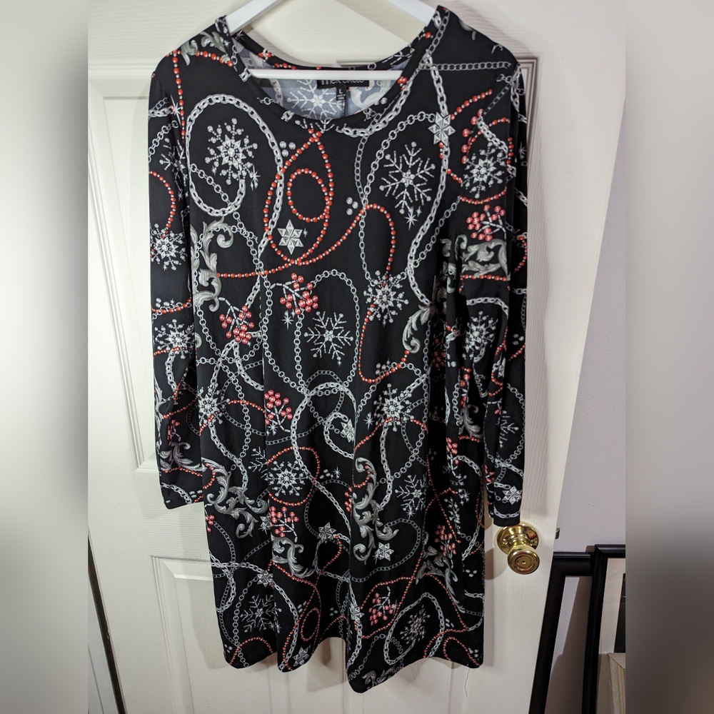 Inner circle black dress with Red And Grey chains & necklaces print size large